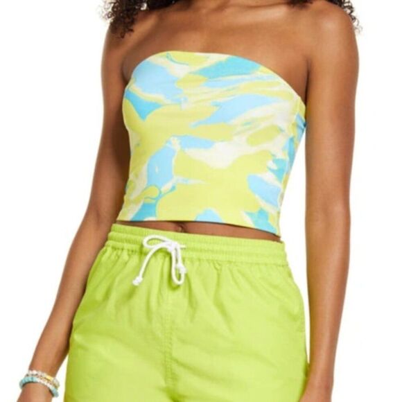 BP Tube Top Crop Strapless Blue Yellow Tie-Dye Casual Summer Vacation Neutral - Picture 1 of 9